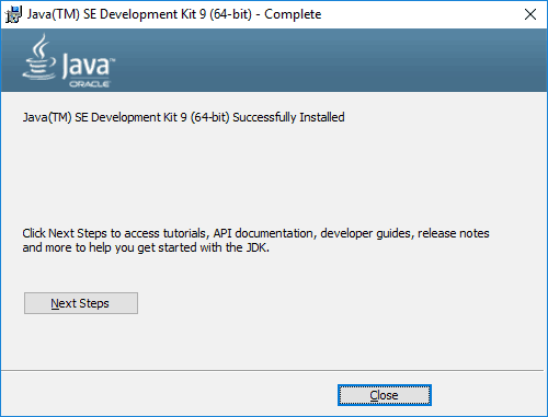 Install java 9 on windows - Java 9 installation success page