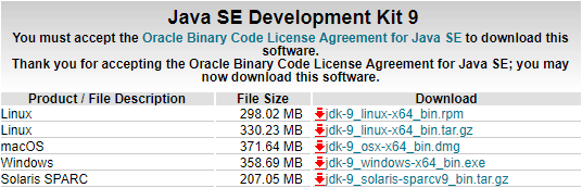 JDK 9 download page