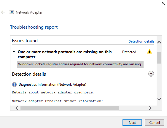 Windows sockets registry entries required for network connectivity are missing message